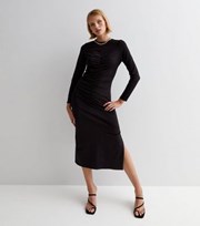New Look Black Ruched Front Long Sleeve Midi Dress